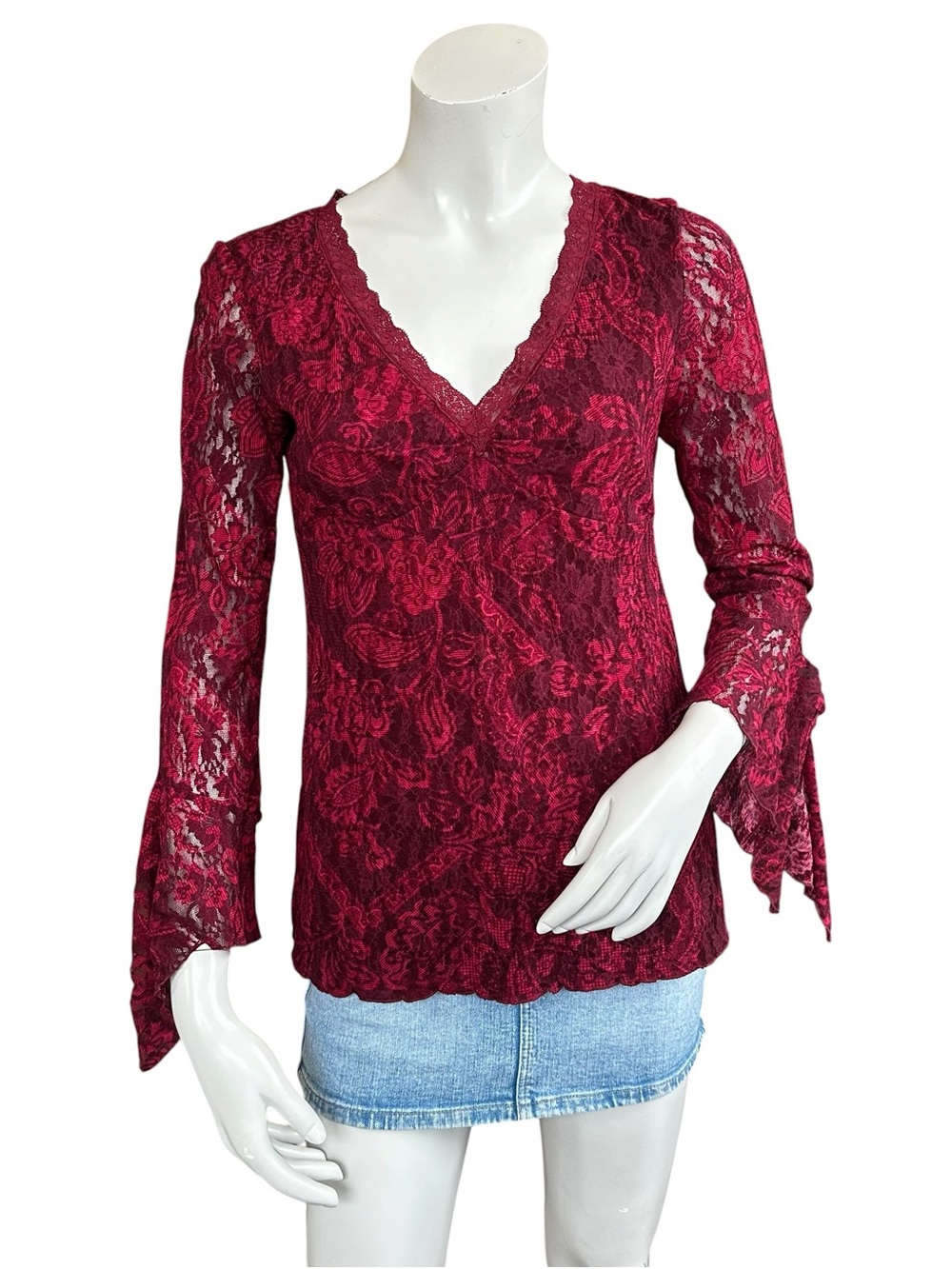 Y2K INC Deep Red Moody Romantic Goth Fairy Grunge Lace V Neck Flare Sleeve Top S